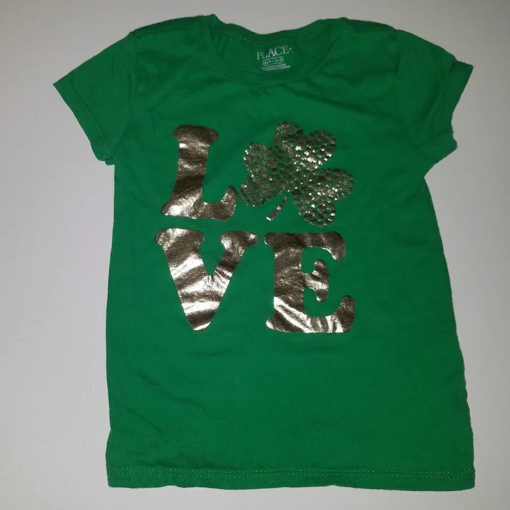 Children's Place Green St Patrick's Day Tee Girls 5-6 RUNS SMALL Gold Shamrock